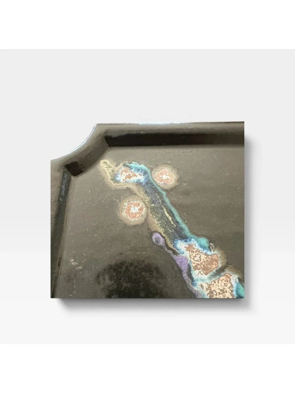 Kathleen LeSueur Studio Art Pottery Tray, Square Scallop Dish, Black & Blue Glaz